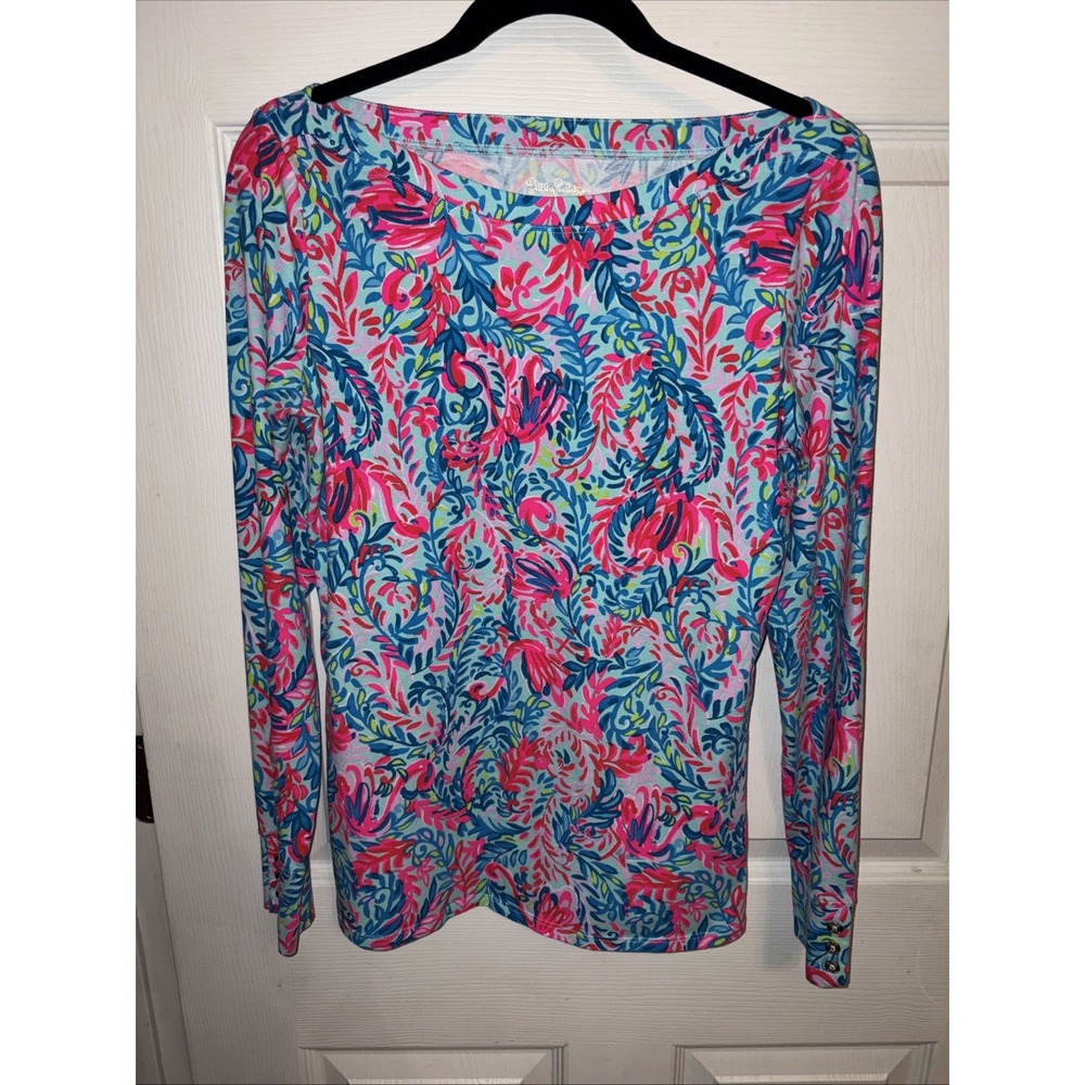 Lilly Pulitzer Aleah M Long Sleeve Knit Tee Top Surf Blue Film Flam $78 Coastal